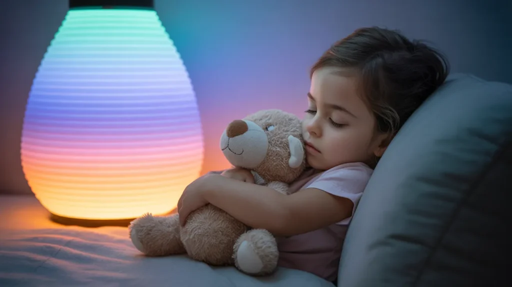 A small child wraps their arms around a weighted stuffed animal near a softly glowing fiber-optic lamp