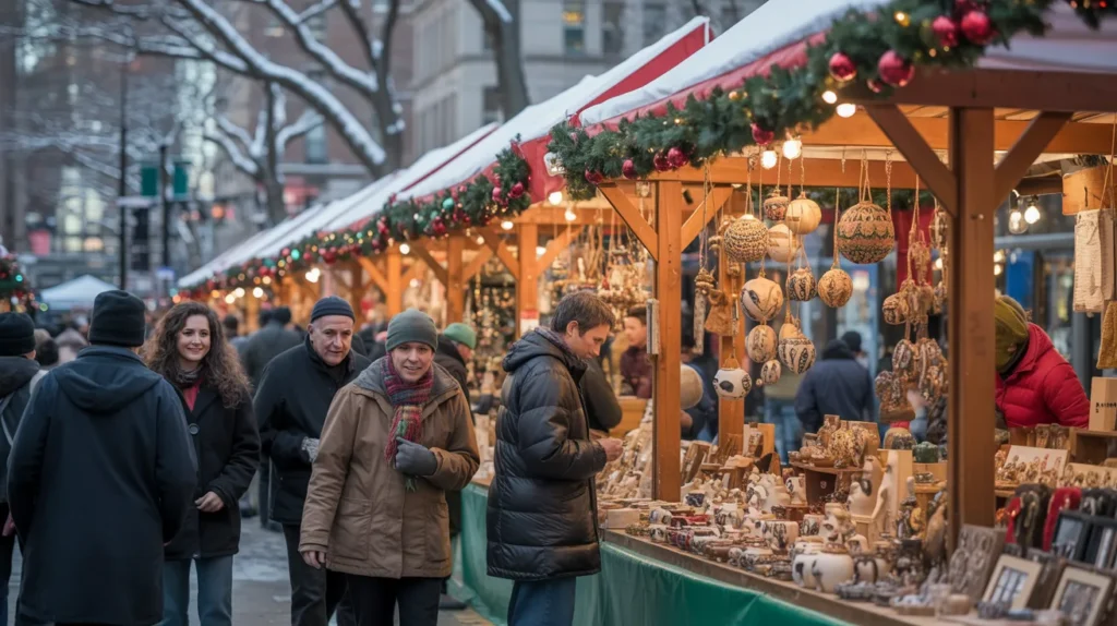 Daytime market at Union Square filled with artisan wooden stalls