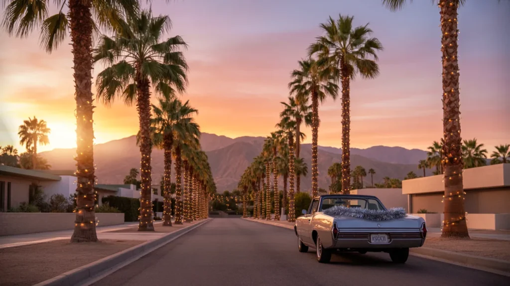Mid-century modern neighborhood with palm trees wrapped in lights, vintage convertible decorated with tinsel, mountains glowing at sunset
