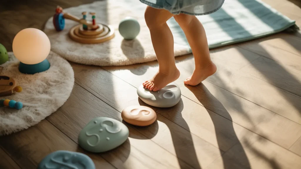 cozy sensory play corner with fidget toys, bubble lamps, soft mats