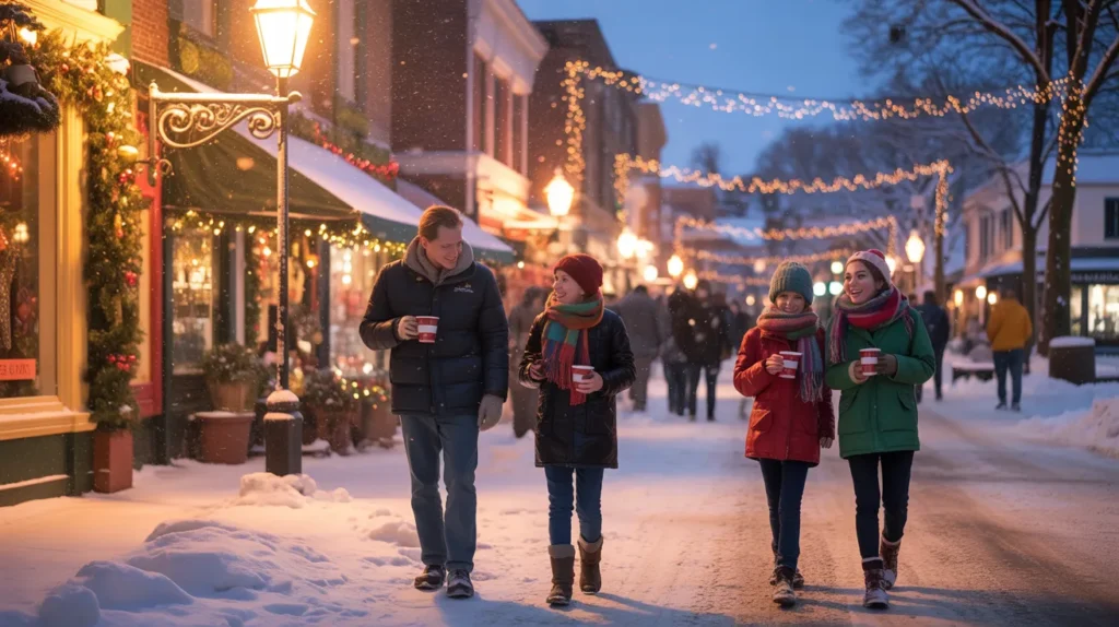 cozy small-town main street at night, blanketed in fresh snow, lined with glowing holiday lights and shop windows