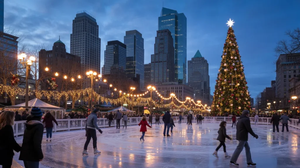 modern U.S. city skyline at twilight with streets glowing from Christmas lights and reflections on wet pavement