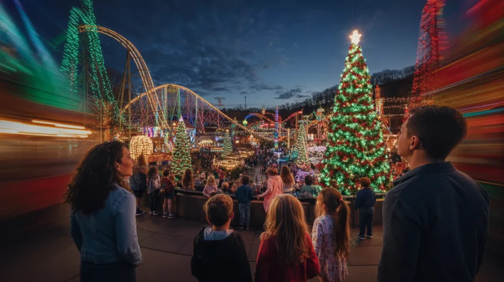 panoramic night scene of Branson’s Silver Dollar City, millions of Christmas lights, colorful trees and glowing rides