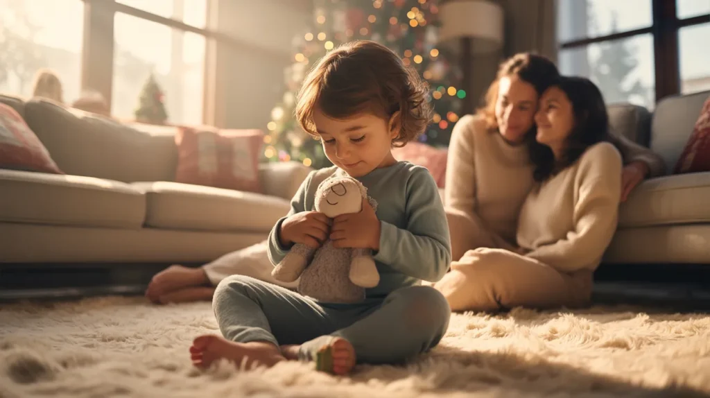 softly lit living room on Christmas morning; a young autistic child sits cross-legged on a plush rug