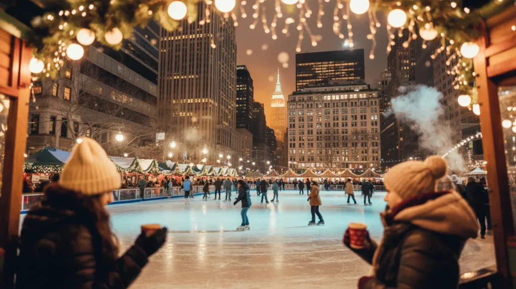 winter night scene in Bryant Park, New York City