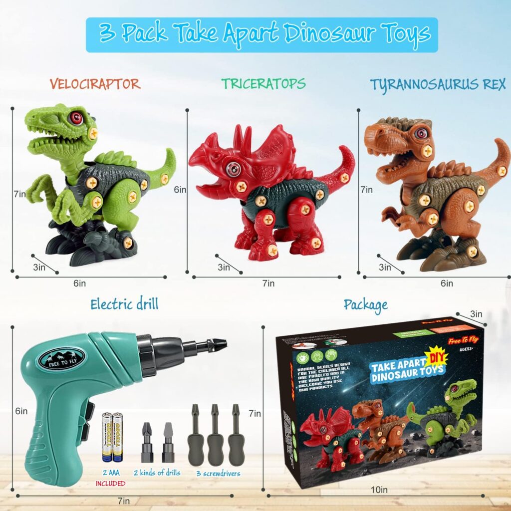 FREE TO FLY Dinosaur Toys Gifts for 3 4 5 6 7 8 Year Old Boys: Stem Dinosaur Toy for Kids 3-5 Girls Toddler Building Learning Eductional Take Apart Dino Toys with Electric Drill Birthday