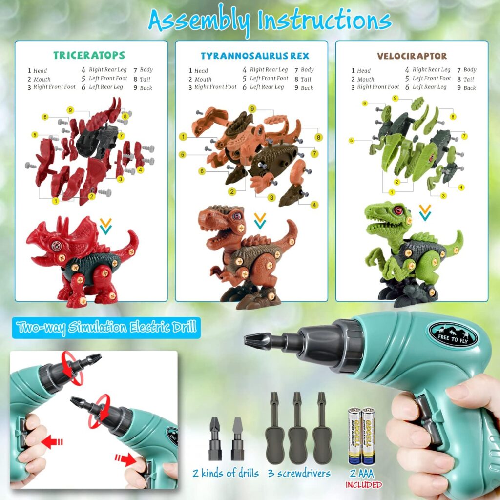 FREE TO FLY Dinosaur Toys Gifts for 3 4 5 6 7 8 Year Old Boys: Stem Dinosaur Toy for Kids 3-5 Girls Toddler Building Learning Eductional Take Apart Dino Toys with Electric Drill Birthday